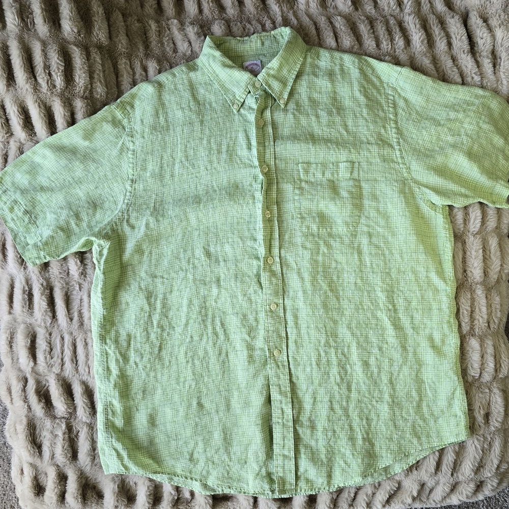 Vintage Brooks Brothers Linen Shirt Mens Size XL Green Plaid Short Sleeves